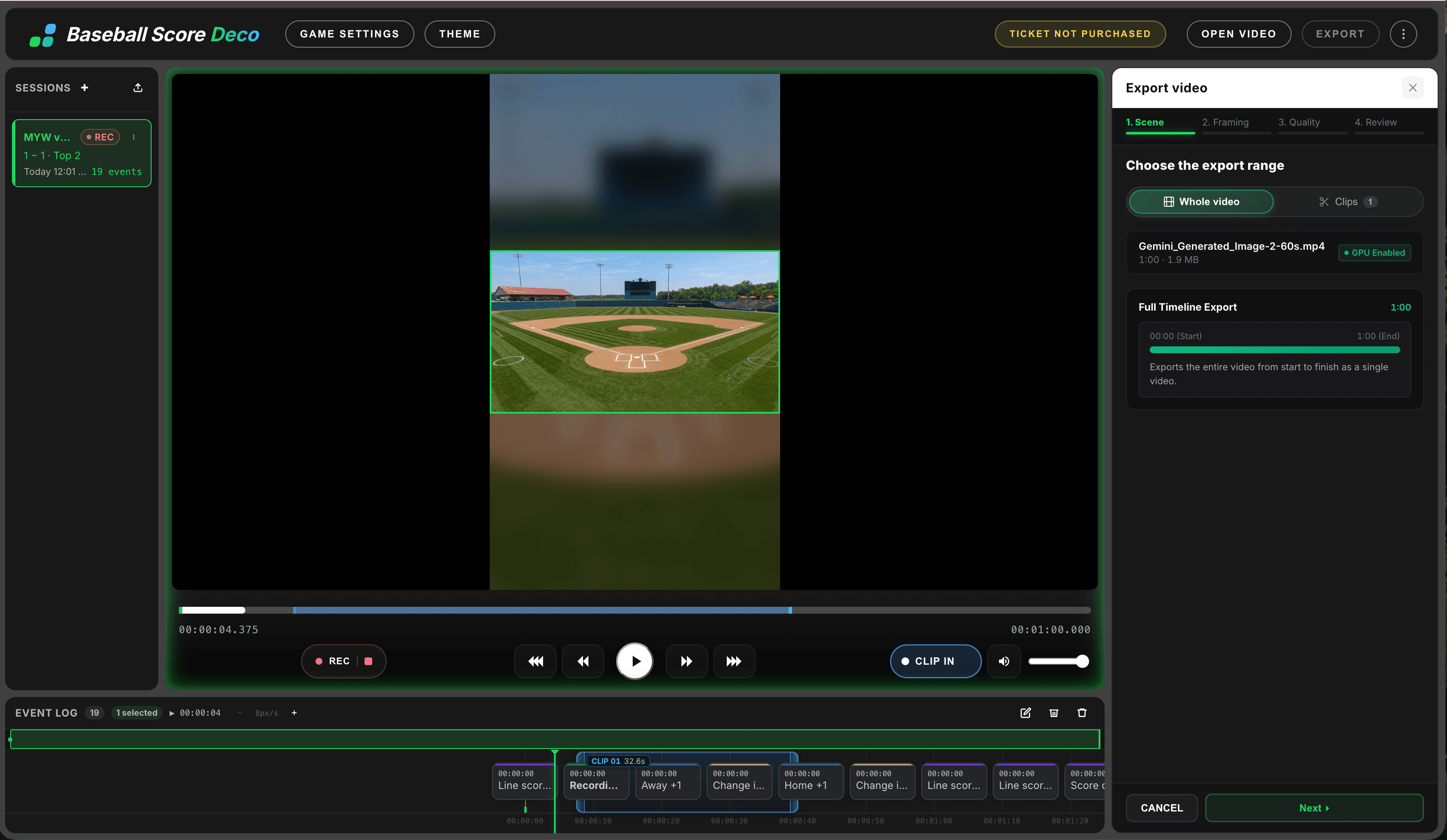 Vertical 9:16 preview of a clip, with the export panel and the marked clip range on the timeline