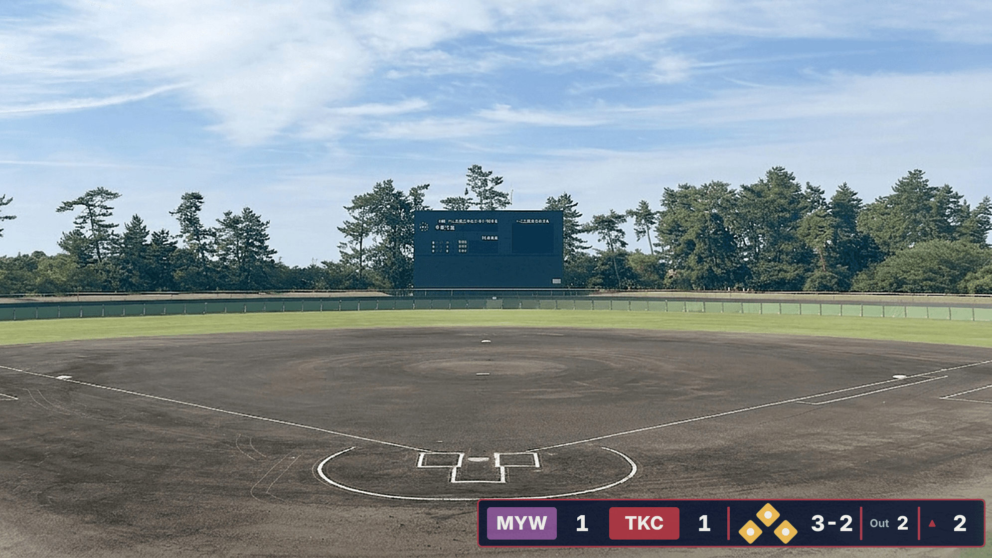 SBO broadcast overlay showing score, balls-strikes-outs and inning on a game video